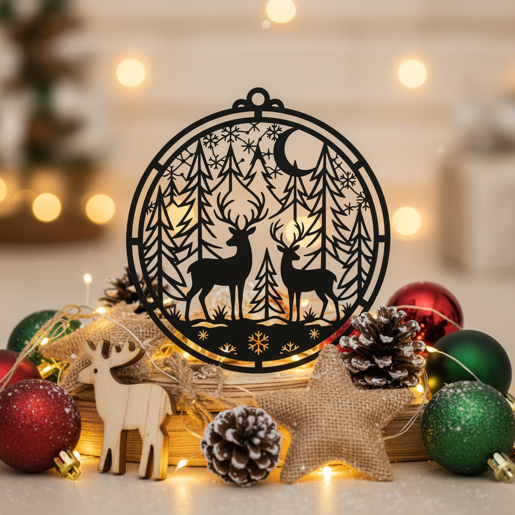 Personalisiertes Weihnachtsschild mit Hirsch im Winterwald in Weihnachtskugel aus Stahl – Bild 10