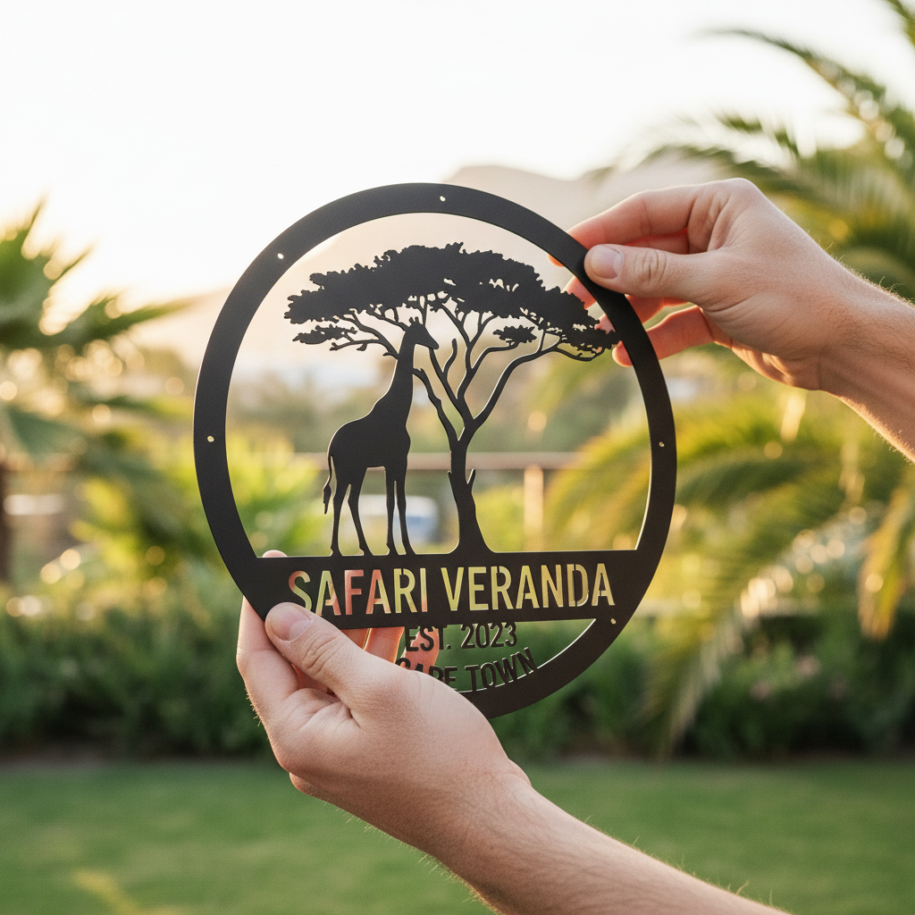 Personalisiertes rundes Safari Metallschild mit Giraffe, Akazie und Namen aus schwarzem Stahl – Bild 7