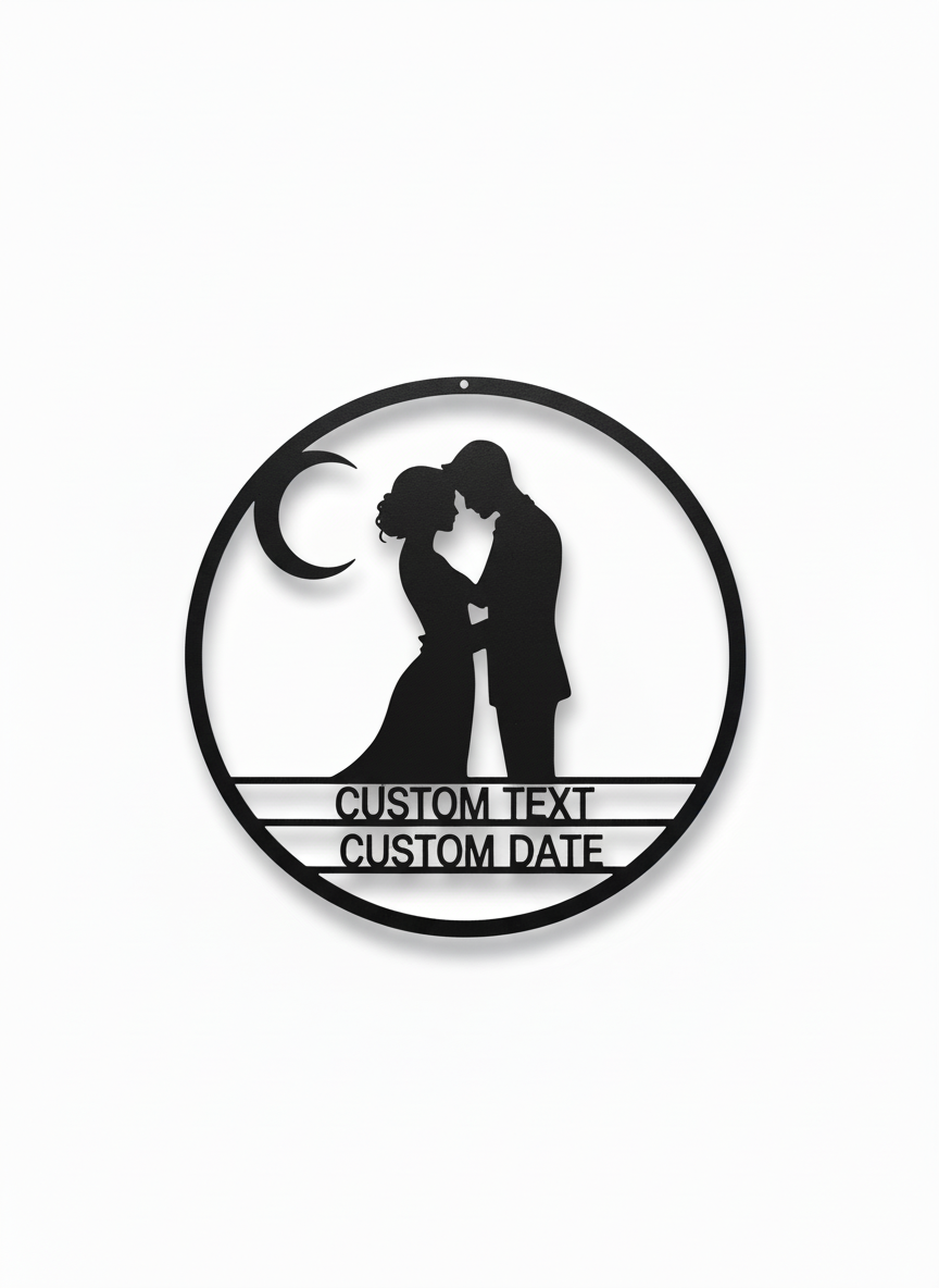 Personalized round metal sign with couple on crescent moon and stars – image 6