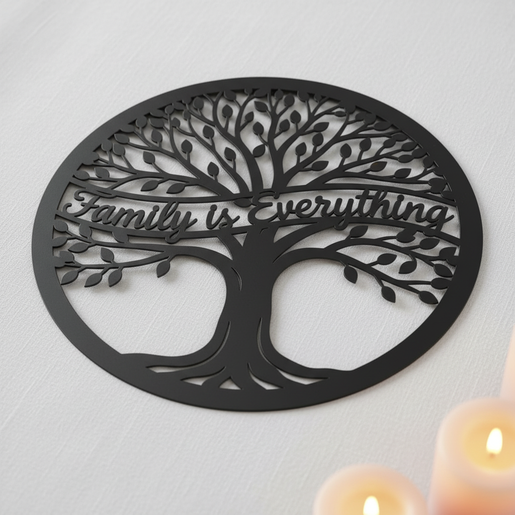 Round tree of life metal sign with Family is Everything in black steel – image 3