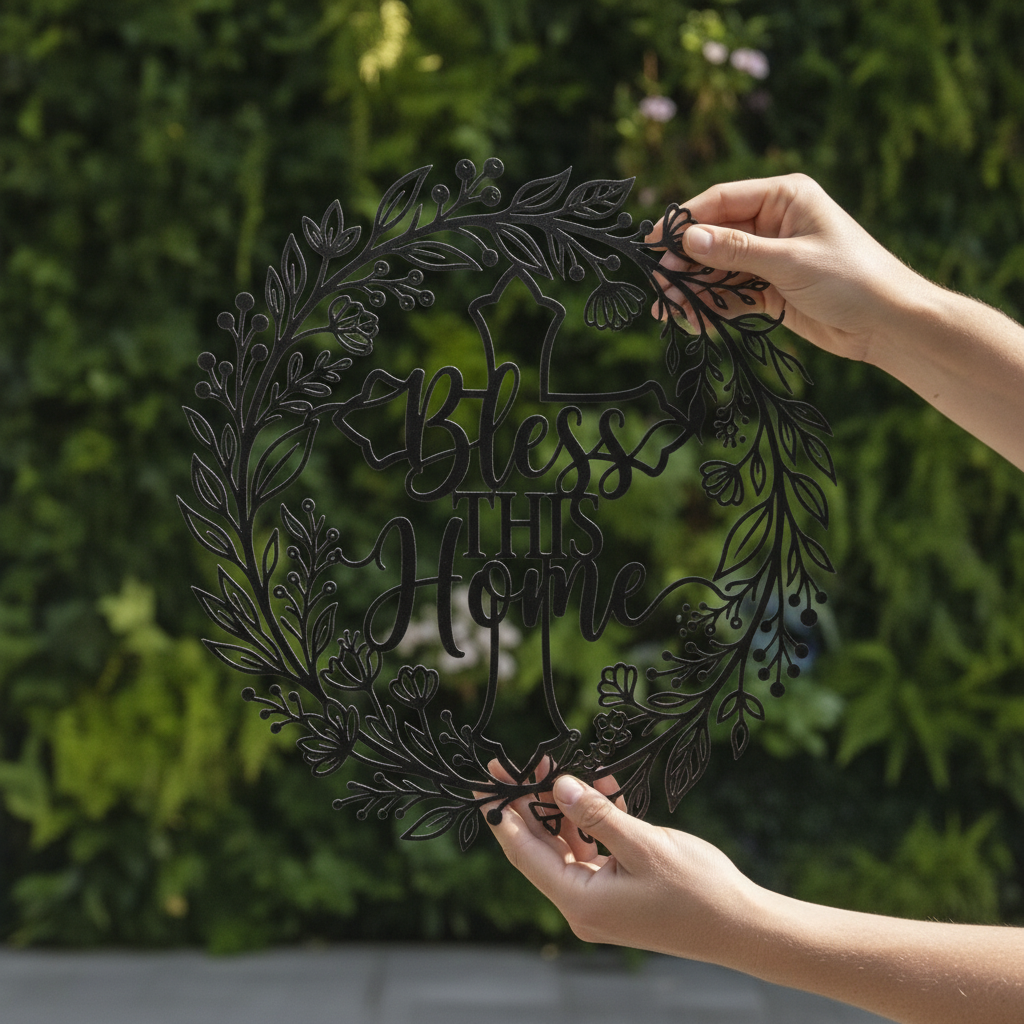 Rundes Haussegen-Metallschild „Bless this Home“ mit Kreuz und Blätterkranz aus schwarzem Stahl – Bild 3