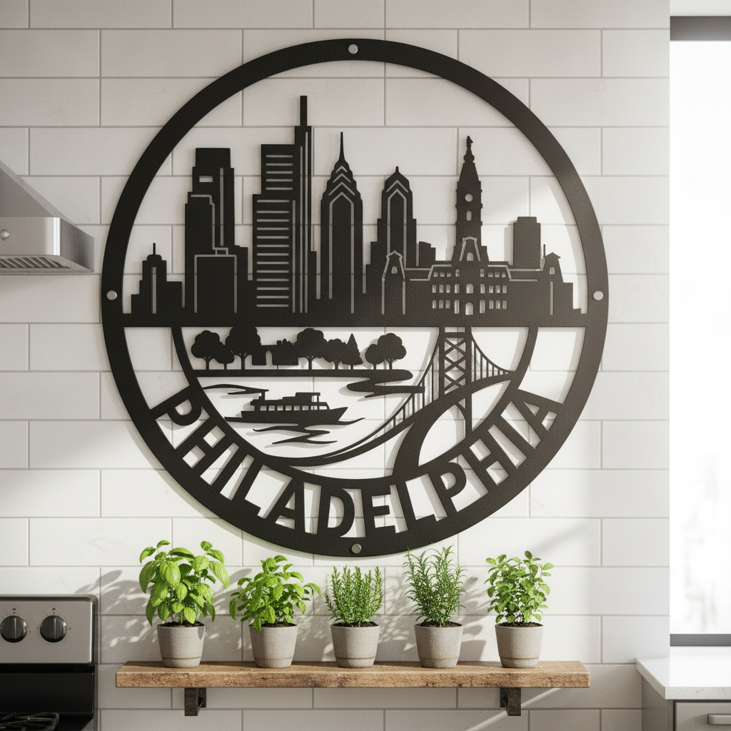 Round Philadelphia skyline metal sign with bridge in black steel – image 7