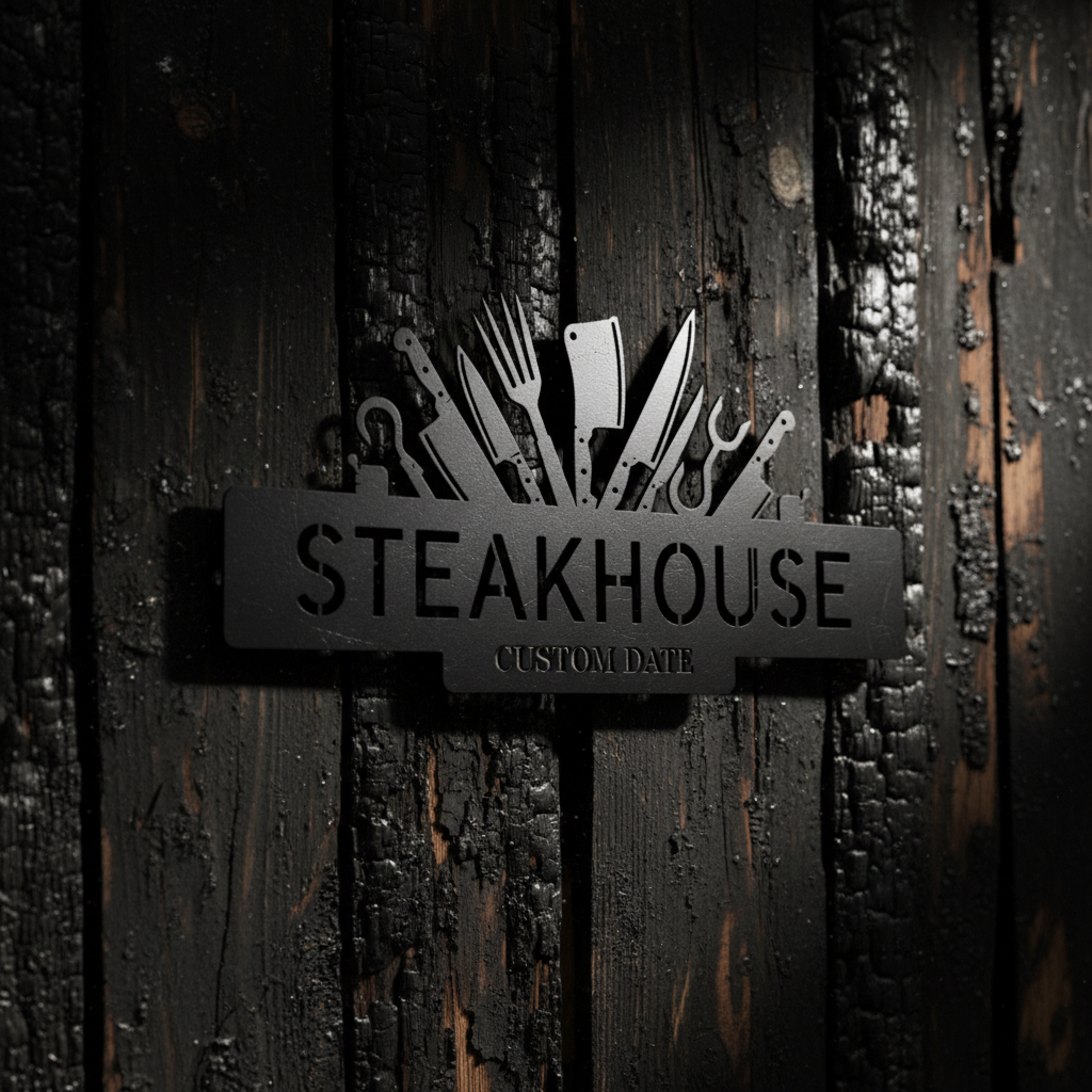 Personalized steakhouse metal sign with crossed knives, cleaver and name in black steel – image 7