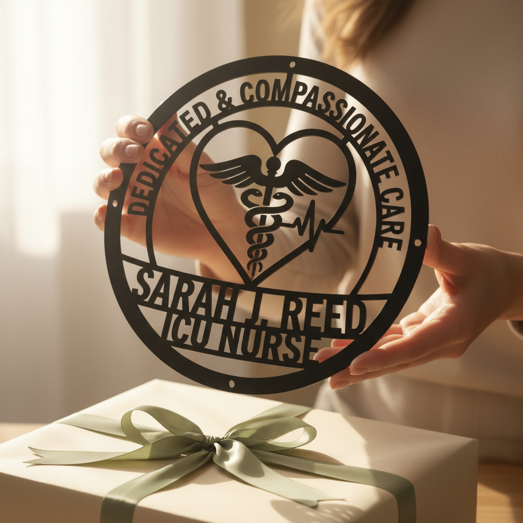 Personalized Compassionate Care nurse sign with caduceus and name in black steel – image 10