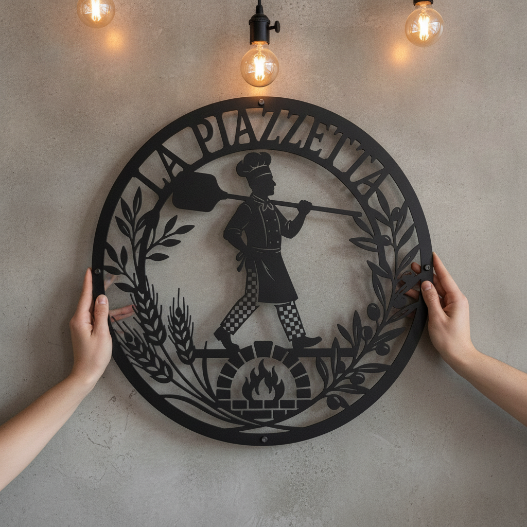 Personalized pizzeria metal sign with name in black steel for the kitchen – image 8