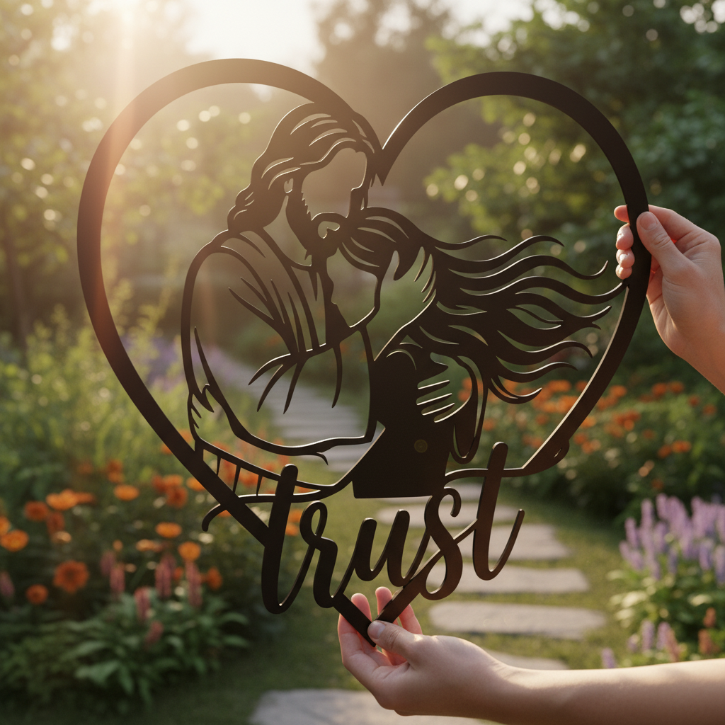 Personalisiertes Herz Metallschild „Trust in Jesus“ mit Namen aus Stahl – Bild 8