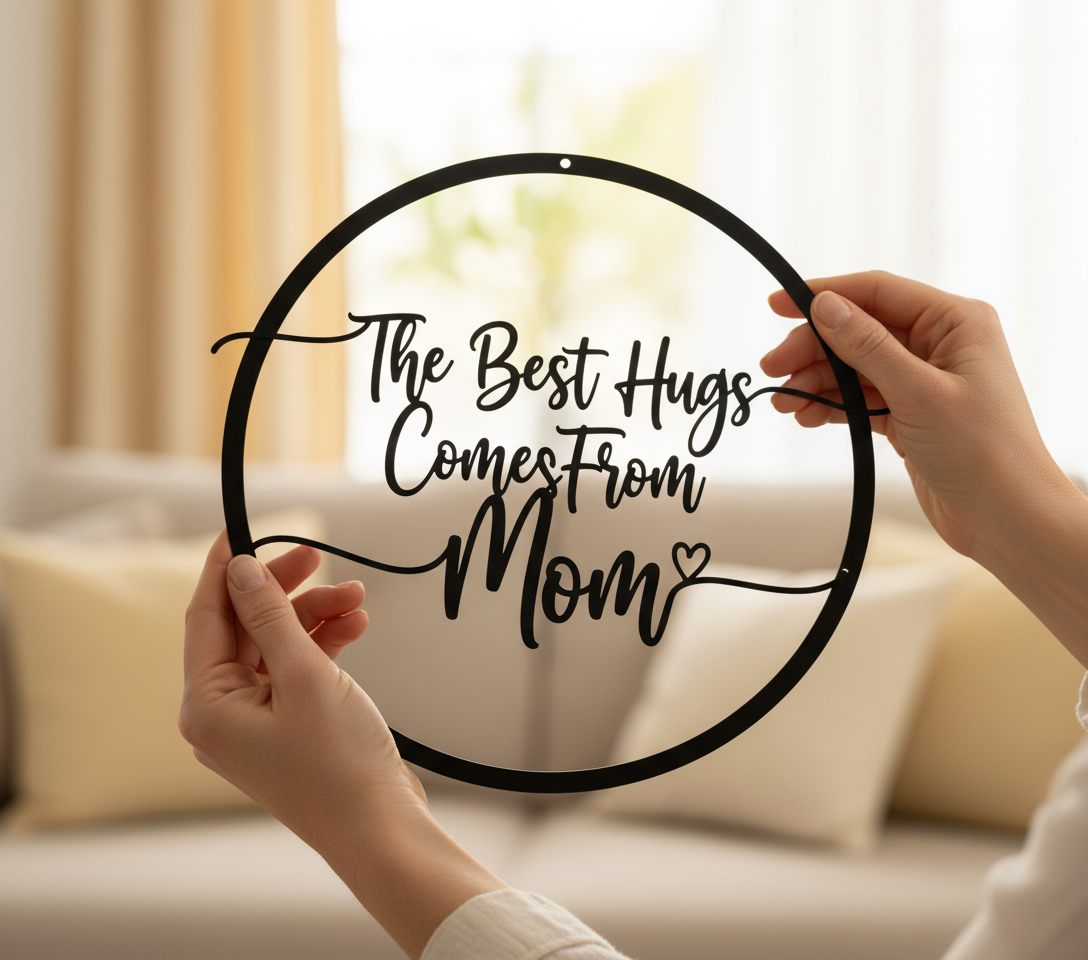 Round metal sign The best hugs come from Mom in black steel – image 10