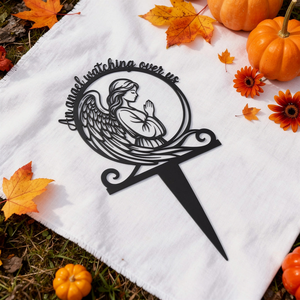 Praying angel memorial stake with An Angel Watching Over Us in black steel – image 10