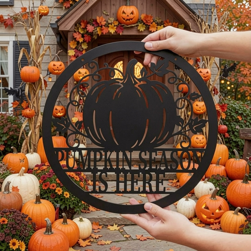 Round Pumpkin Season Is Here metal sign with pumpkins and vines – image 7
