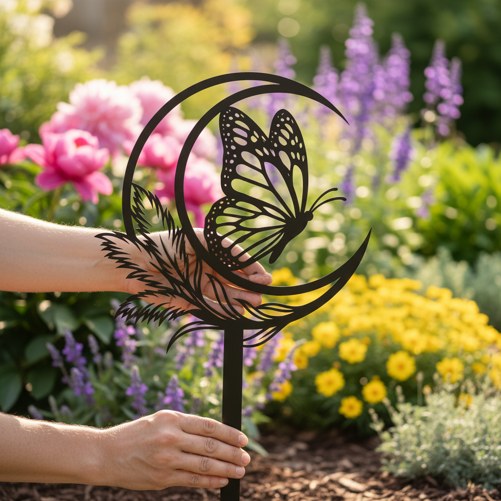 Butterfly with crescent moon and feather garden stake in black steel – image 7