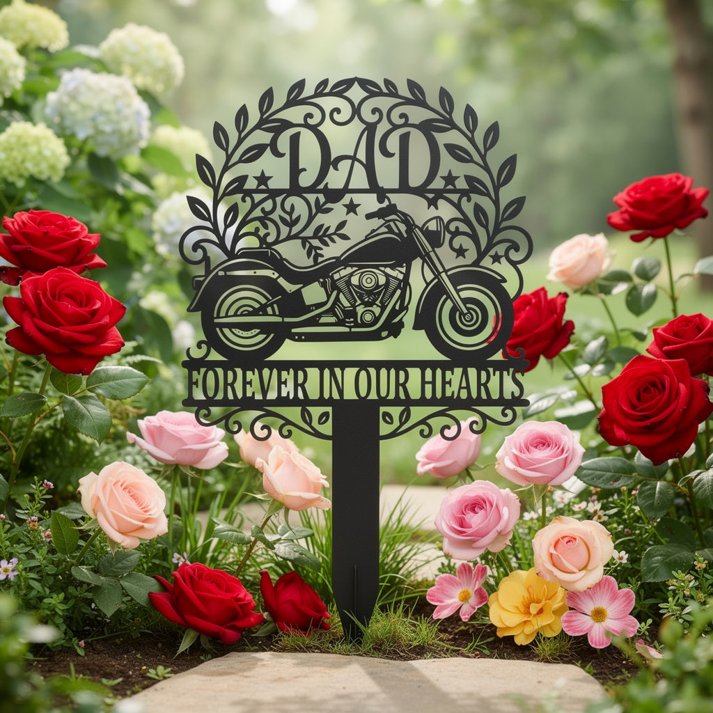 Dad motorcycle memorial garden stake in black steel for a biker father – image 6
