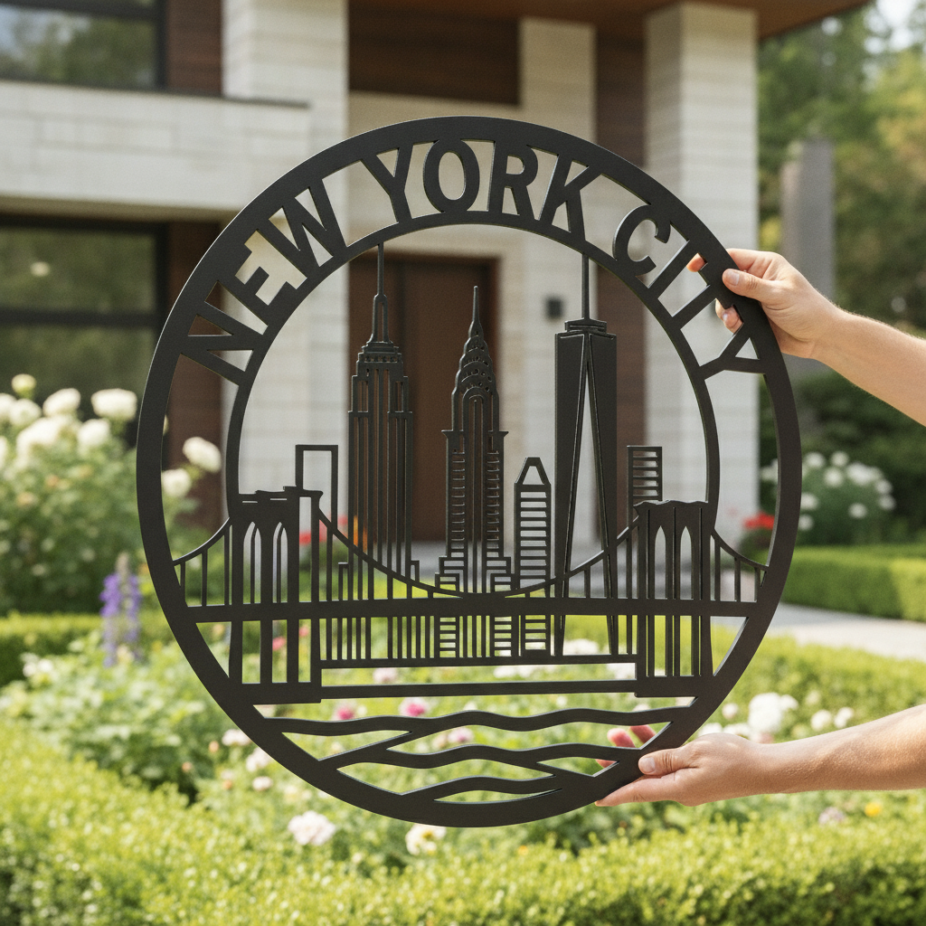 Round New York City skyline metal sign with Manhattan silhouette in black steel – image 5