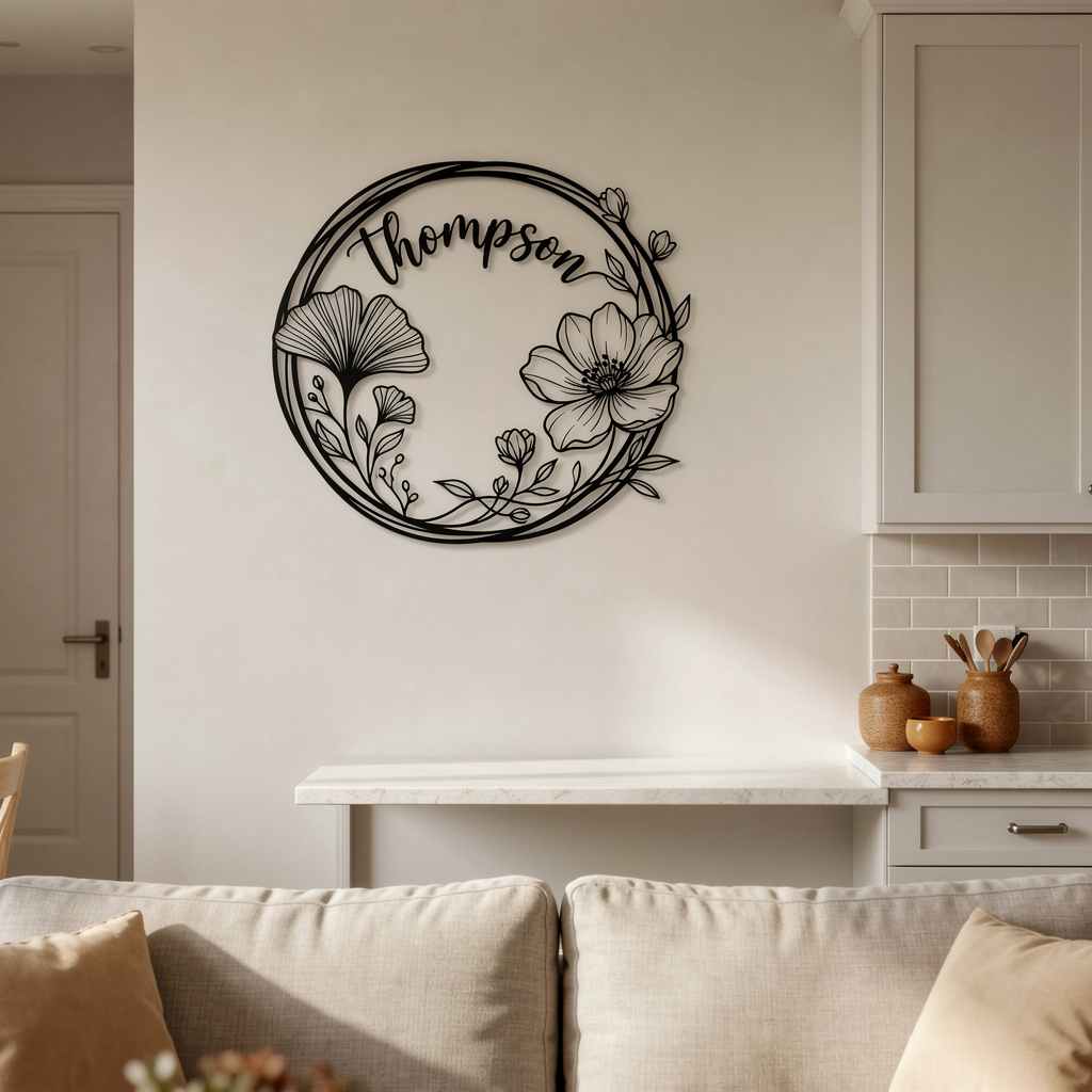 Personalisiertes rundes Familienschild mit Ginkgo- und Mohnblumenkranz aus schwarzem Stahl – Bild 4