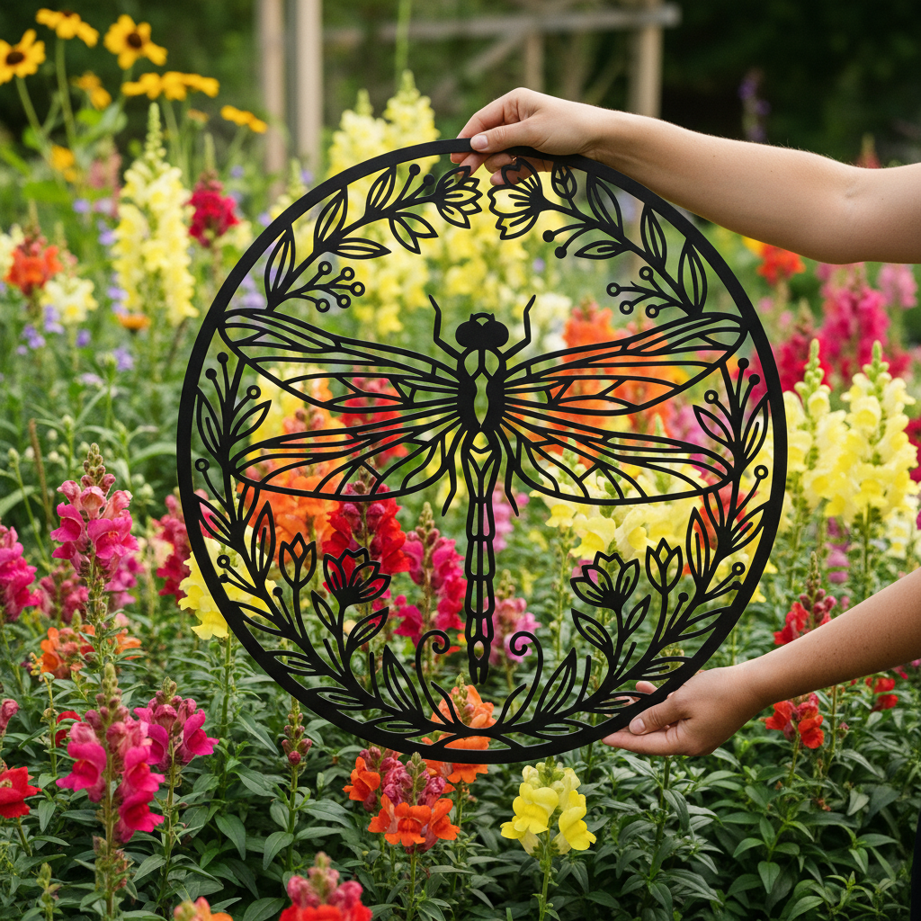 Rundes Libelle Metallschild im Blumenkranz aus schwarzem Stahl – Bild 9