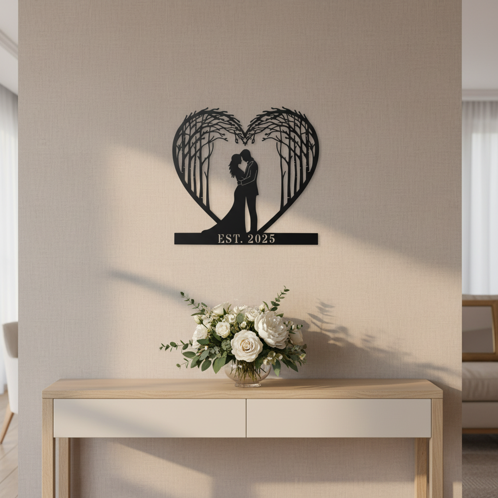 Personalized couple tree metal sign with heart, names and year in black steel – image 4