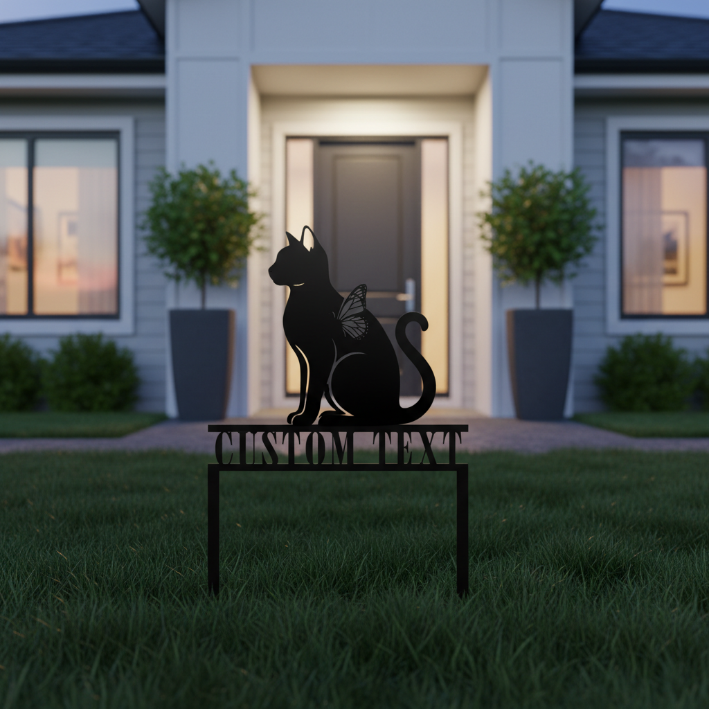 Personalized cat and butterfly memorial garden stake with name in black steel – image 3