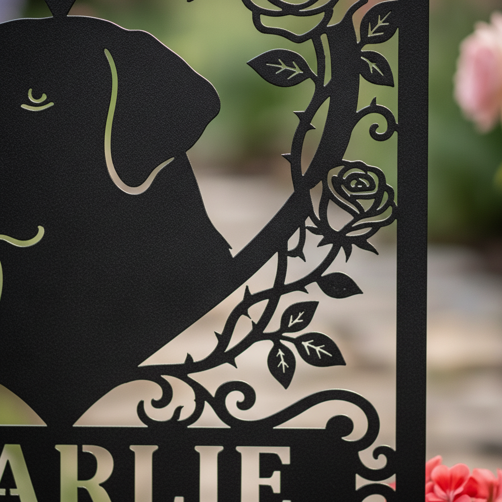 Personalized dog memorial garden stake with name and dates in black steel – image 2
