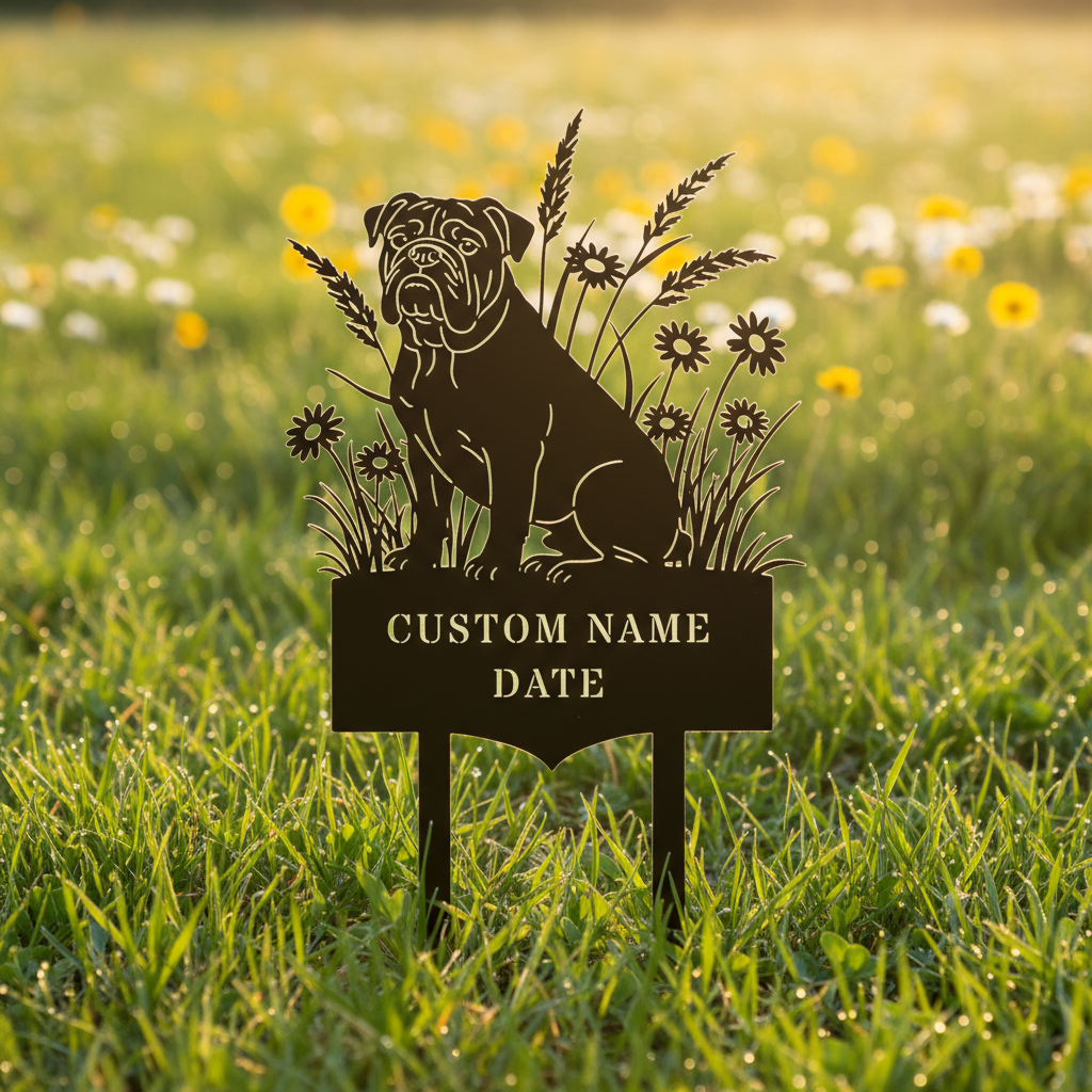 Personalized English Bulldog memorial garden stake with name and dates in black steel – image 8