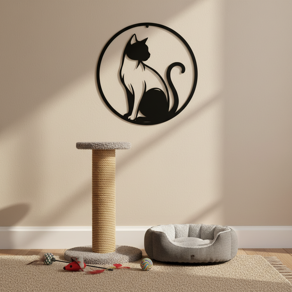 Round cat profile silhouette metal wall art in black steel – image 5