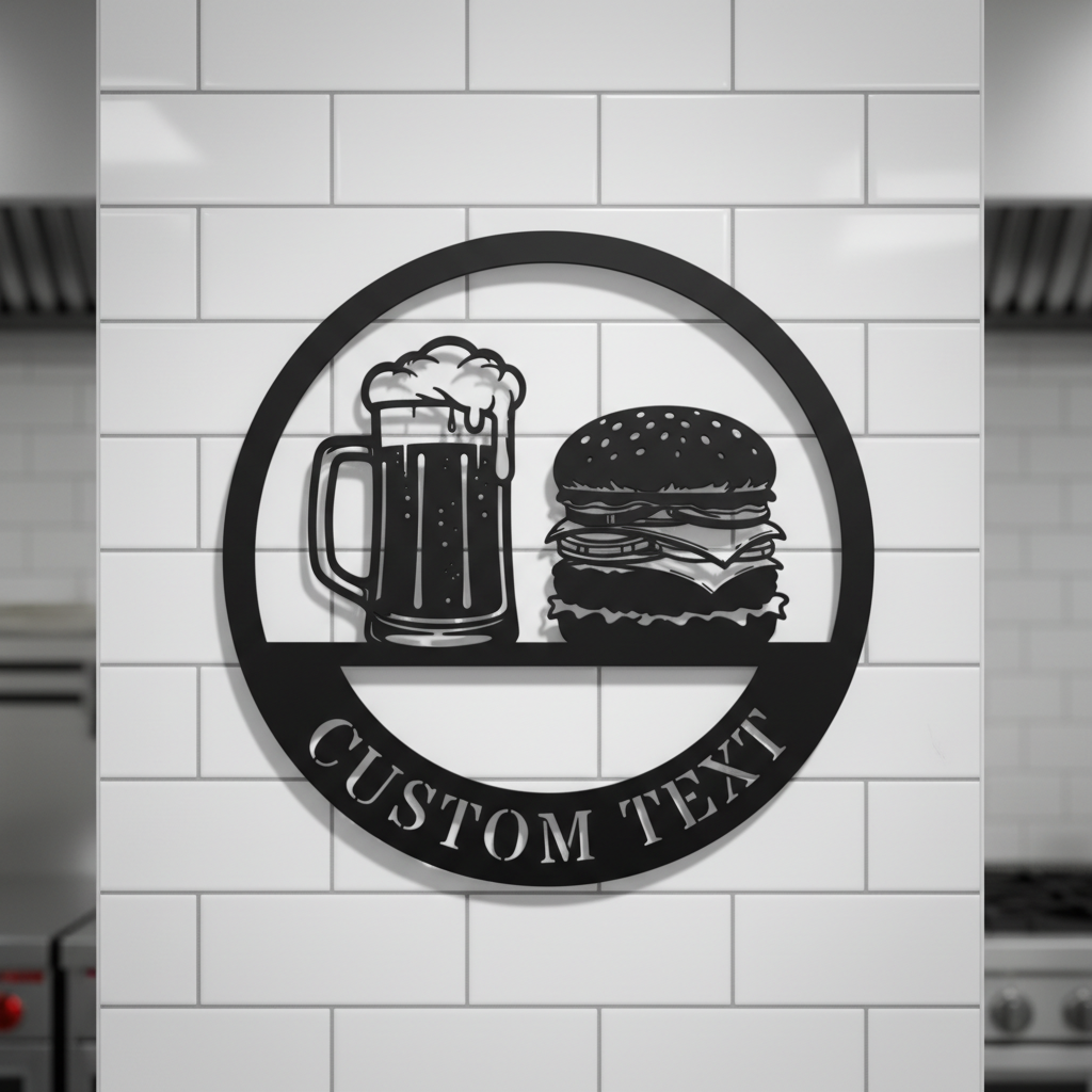 Round Burgers and Brews metal sign with beer mug and cheeseburger in black steel – image 9
