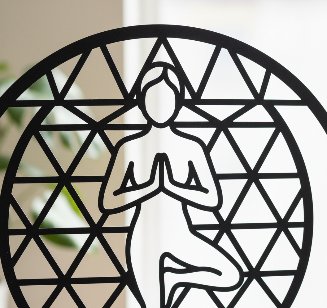 Runde Yoga Wanddeko aus Metall mit Namaste, Baumpose und heiliger Geometrie – Bild 7