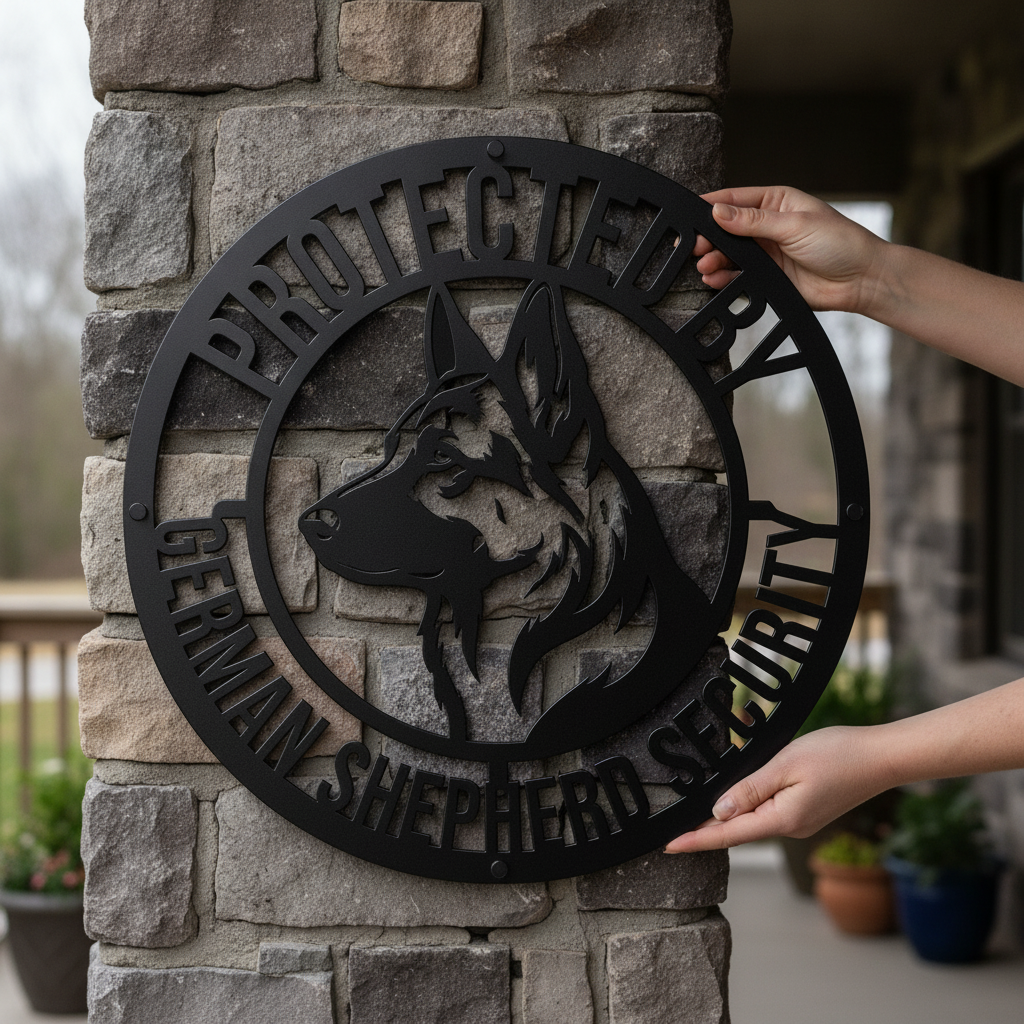 Rundes Schäferhund Warnschild Protected by German Shepherd aus schwarzem Stahl – Bild 6