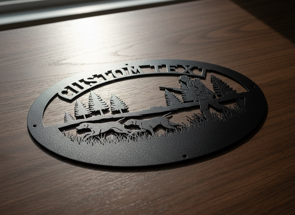Personalisiertes ovales Jagdschild mit Jäger und Jagdhunden aus schwarzem Stahl – Bild 9