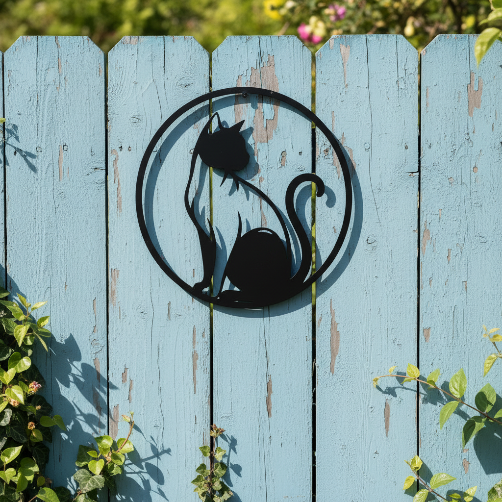 Round cat profile silhouette metal wall art in black steel – image 6