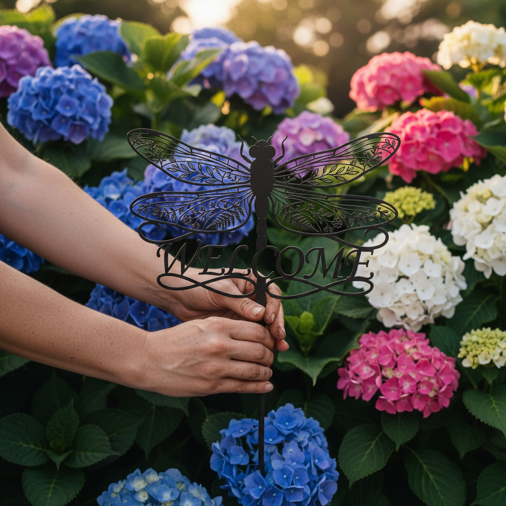Gartenstecker Libelle mit Blumenflügeln und Welcome aus schwarzem Stahl – Bild 7
