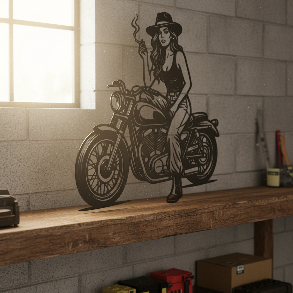 Bikerin auf Motorrad Metallschild