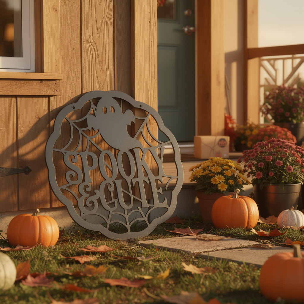Round Halloween metal sign with cute ghost and spider web in black steel – image 8