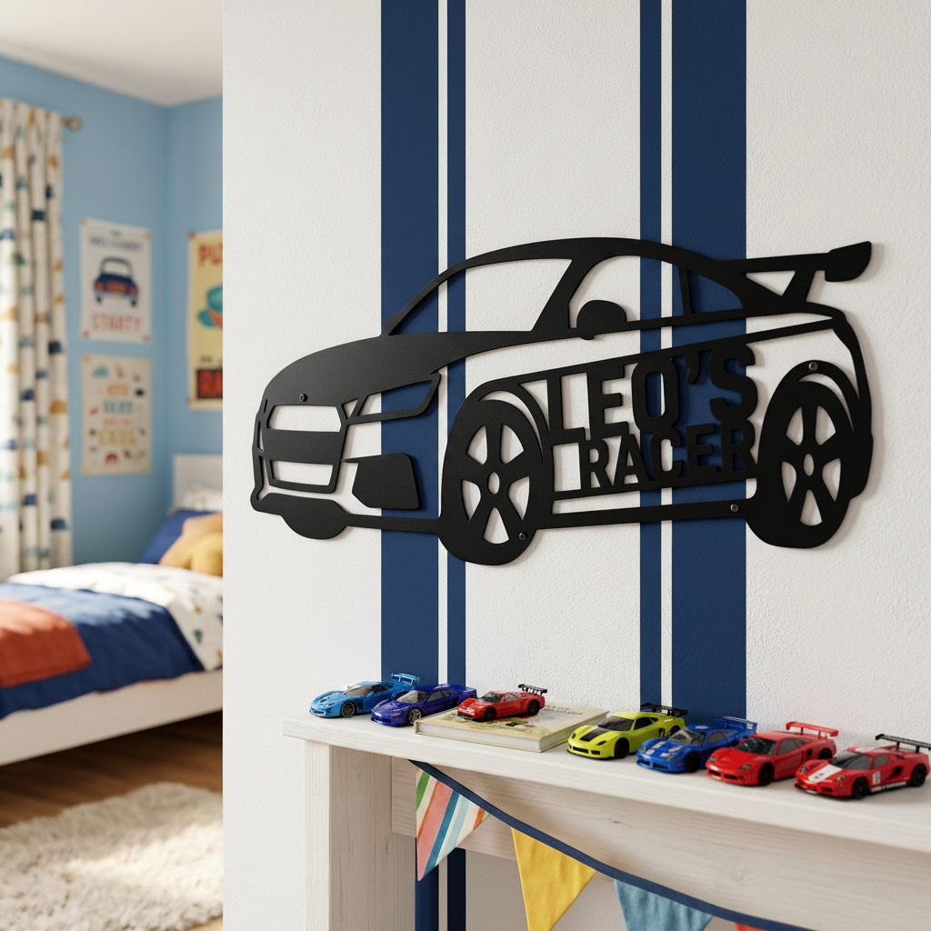 Personalisiertes Namensschild Rennauto fürs Kinderzimmer aus schwarzem Stahl – Bild 2