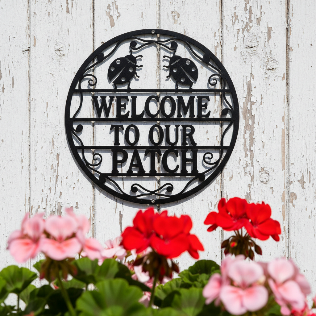 Rundes Willkommensschild mit Marienkäfern Welcome to our Patch aus schwarzem Stahl – Bild 6