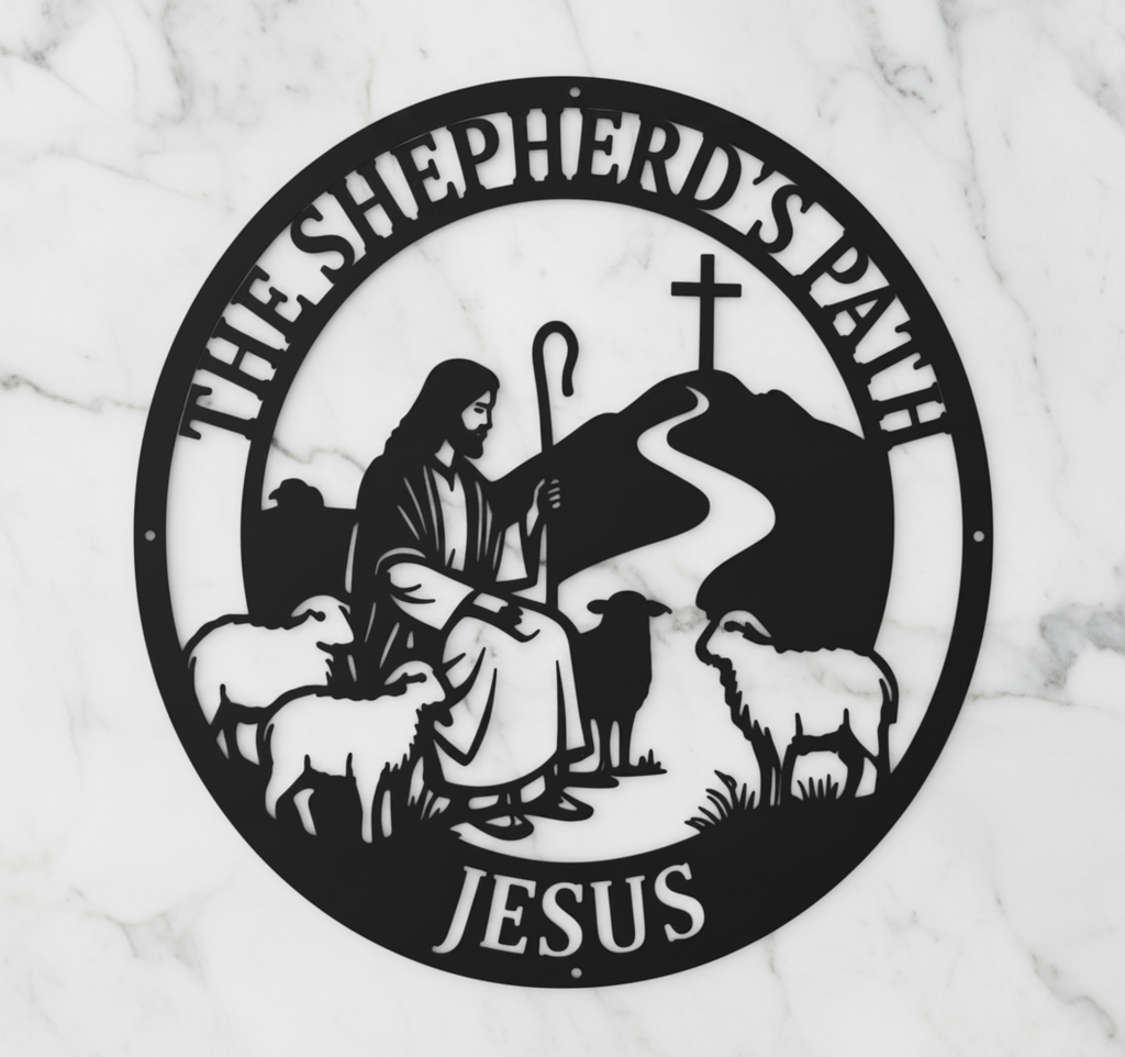 Rundes Metallschild Jesus der gute Hirte mit Lämmern und Kreuz aus schwarzem Stahl – Bild 8