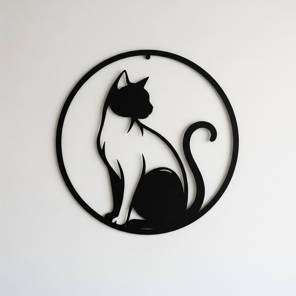 Katzen Silhouette im Profil Metall Wanddeko rund – minimalistische Katzen Deko aus Stahl