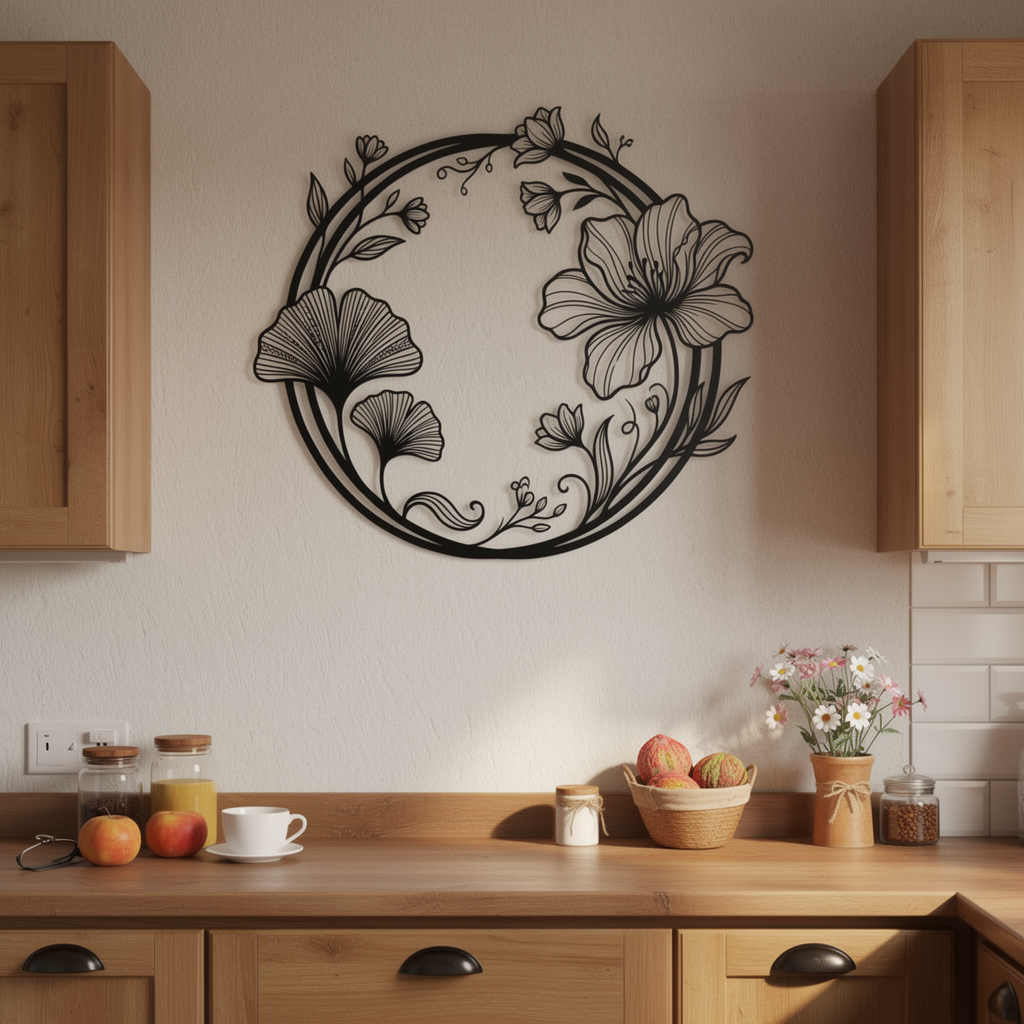 Round ginkgo leaf and flower wreath metal wall art in black steel – image 8