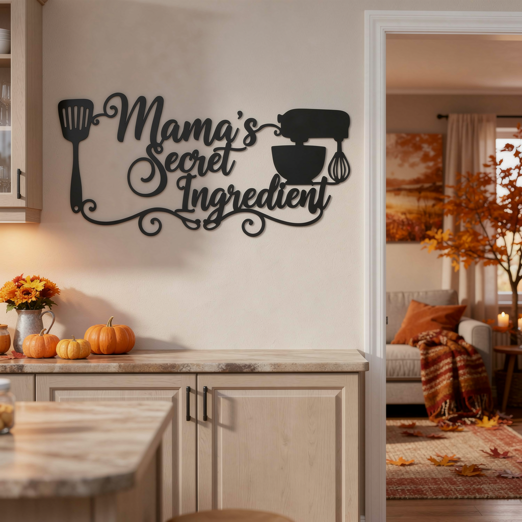 Küchenschild Mama’s Secret Ingredient mit Küchenmaschine aus schwarzem Stahl – Bild 8