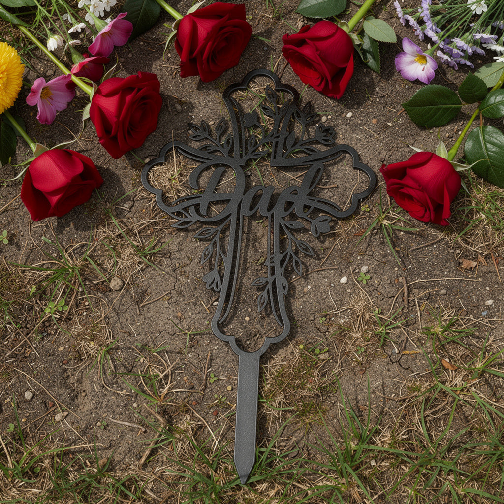 Personalized cross memorial stake for Dad with name and dates in black steel – image 10