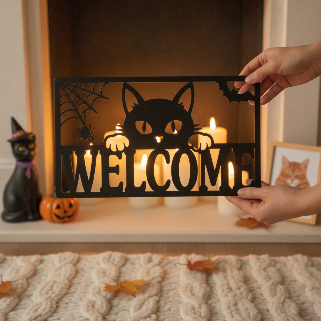 Halloween Willkommensschild mit schwarzer Katze aus schwarzem Stahl – Bild 9