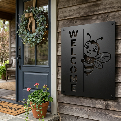 Square bumblebee welcome metal sign in black steel