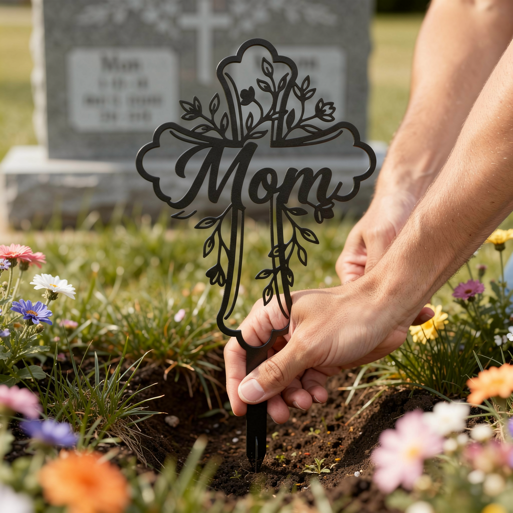 Gedenkstecker Mom mit Blumenkreuz als Grabschmuck aus schwarzem Stahl – Bild 8