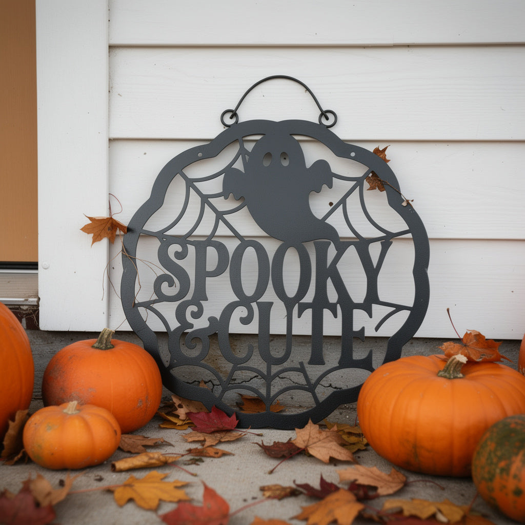 Round Halloween metal sign with cute ghost and spider web in black steel – image 6