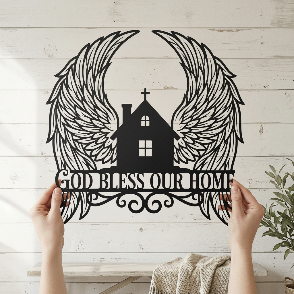 Personalized God Bless Our Home metal sign with angel wings in black steel – image 6