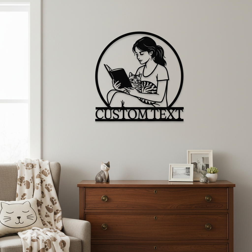 Personalized reading cat metal sign with custom name in black steel – image 4