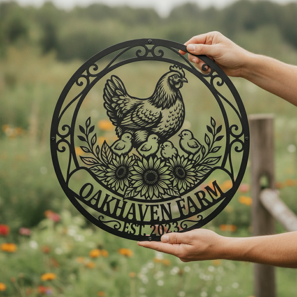 Personalisiertes Hofschild rund mit Henne, Küken und Sonnenblumen – Bild 3