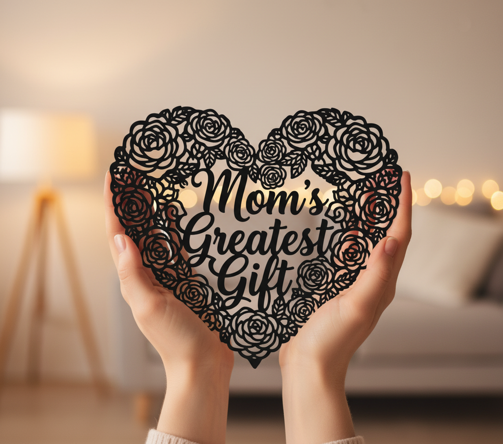 Mom’s Greatest Gift metal sign with rose inside a heart in black steel – image 6