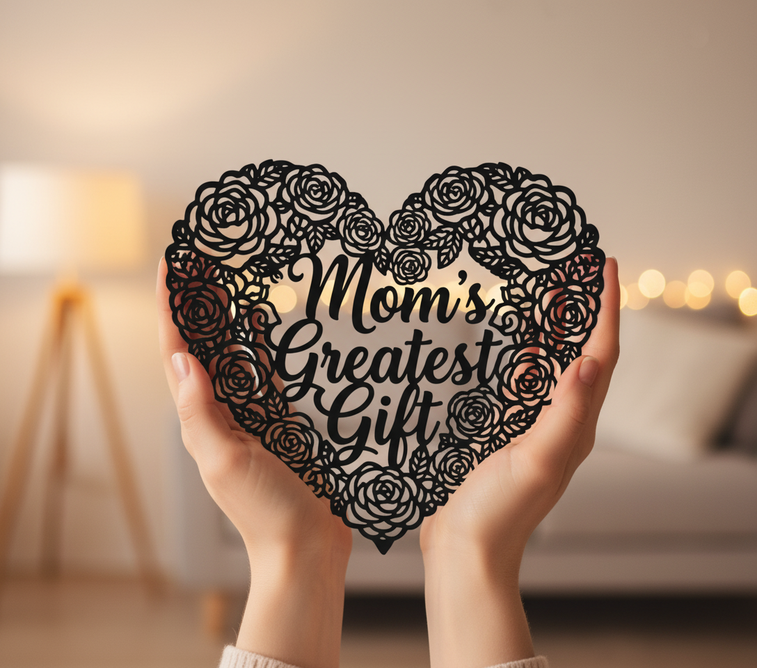 Mom’s Greatest Gift metal sign with rose inside a heart in black steel – image 6