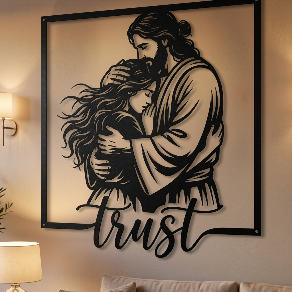 Personalized Jesus embrace metal sign with Trust in Jesus in black steel – image 8