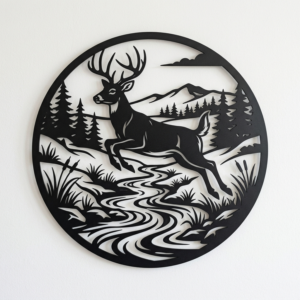 Round metal sign with deer leaping over a river, mountains and forest in black steel