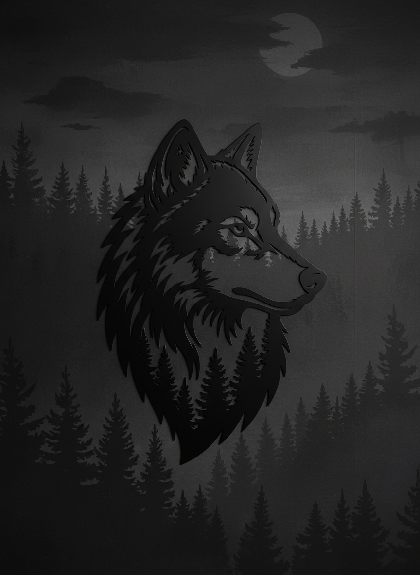 Wolf head metal wall art with forest and trees in black steel – image 6